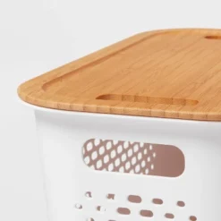 Narrow Bamboo Lid With Cutout Handles - Brightroom™: Decorative Storage Bin, Brown, No Assembly, 12.2" Height -Brightroom GUEST 0fb21454 8acb 4ca2 a158 6357db36cea7