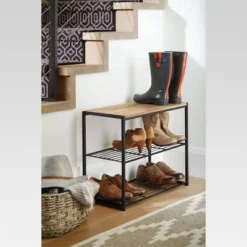 3 Tier Shoe Rack Black Metal With Natural Wood - Brightroomâ„¢