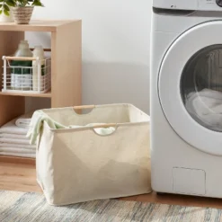 Canvas Rectangle Laundry Basket - Brightroomâ„¢: Steel & Wood Frame, 70L Capacity, 2 Handles, Multipurpose Clothes Basket