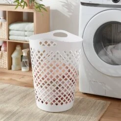 2.2bu Flexible Laundry Hamper White - Brightroomâ„¢: Tall Plastic Clothes Hamper With Built-In Handles, Diamond Pattern