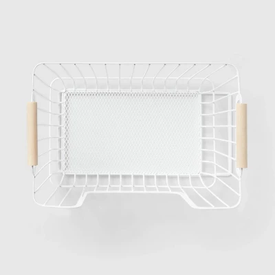 Metal Stackable Wire Pantry Basket With Rubber Wood Handle White - Brightroom™: Kitchen Storage Organizer, 9"x13.5" 4 Metal Stackable Wire Pantry Basket With Rubber Wood Handle White - Brightroom™: Kitchen Storage Organizer, 9"x13.5" - Image 2