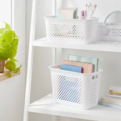 Narrow Large Decorative Plastic Bin White - Brightroom™: Modern Storage With Cut-Out Handles, 13" Cube Compatible
