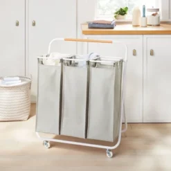 Rolling Triple Sorter - Brightroomâ„¢: Multicolor Laundry Hamper With Wheels, Polyester & Steel Frame, 3 Sorter Bags